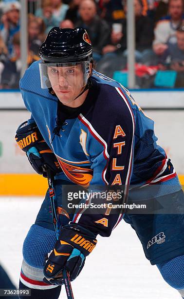 Slava Kozlov of the Atlanta Thrashers gets set for a faceoff against the Buffalo Sabres on March 18, 2007 at Philips Arena in Atlanta, Georgia. The...