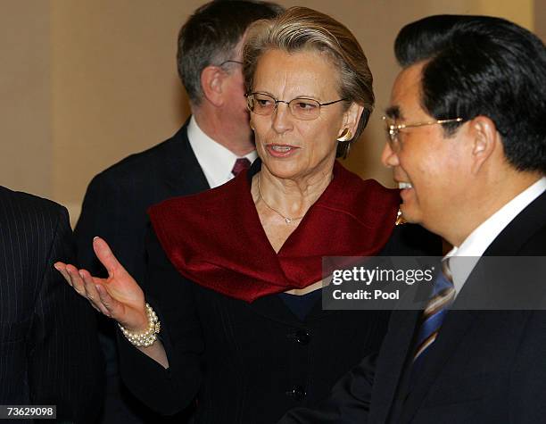 Visiting French defense minister Michele Alliot-Marie meets with Chinese President Hu Jintao at the Great Hall of the People on March 19, 2007 in...