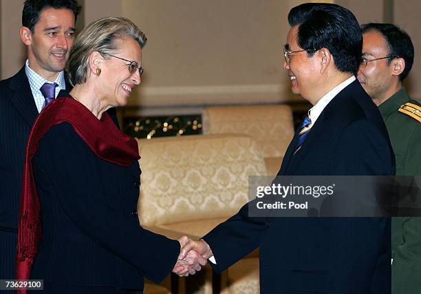 Visiting French defense minister Michele Alliot-Marie meets with Chinese President Hu Jintao at the Great Hall of the People on March 19, 2007 in...