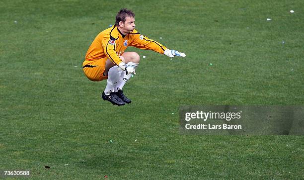 Goalkeeper Georg Koch warms up during the Second Bundesliga match between MSV Duisburg and Wacker Burghausen at the MSV Arena on March 18, 2007 in...