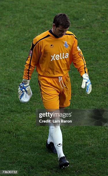 Goalkeeper Georg Koch of Duisburg looks dejected during the Second Bundesliga match between MSV Duisburg and Wacker Burghausen at the MSV Arena on...