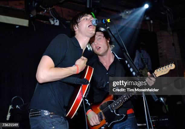 Bjorn Dixgard and Gustaf Noren of Mando Diao perform at the Spaceland-LiveDaily.com Party at Antones as part of SxSw 2007 on March 15, 2007 in...