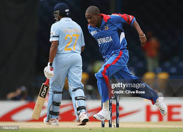 Malachi Jones of Bermuda celebrates the wicket of Robin Uthappa of India during the ICC Cricket World Cup 2007 Group B match between Bermuda and...