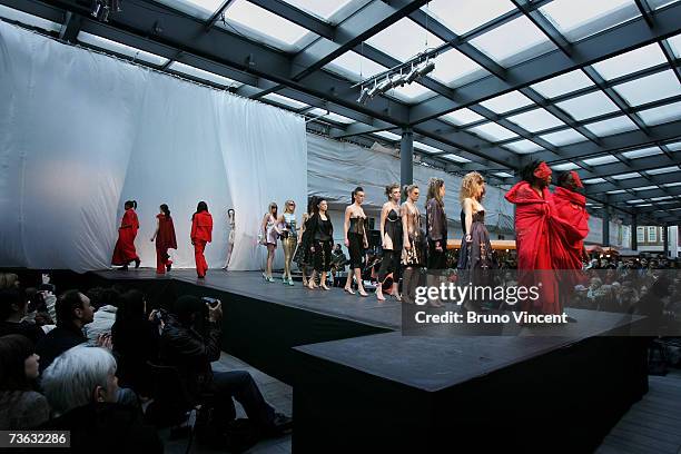 Models walk down the catwalk at Swatch Alternative Fashion Week on March 19, 2007 in London, England. The Swatch Alternative Fashion week is the...