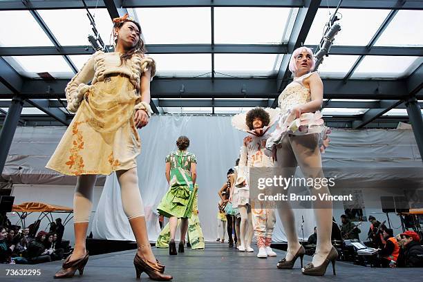 Models wear creations by Chelsea College of Art and Design at Swatch Alternative Fashion Week on March 19, 2007 in London, England. The Swatch...