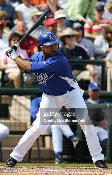 Emil Brown of the Kansas City Royals bats during a Spring Training game against the Texas Rangers at Surprise Stadium on March 4, 2007 in Surprise,...