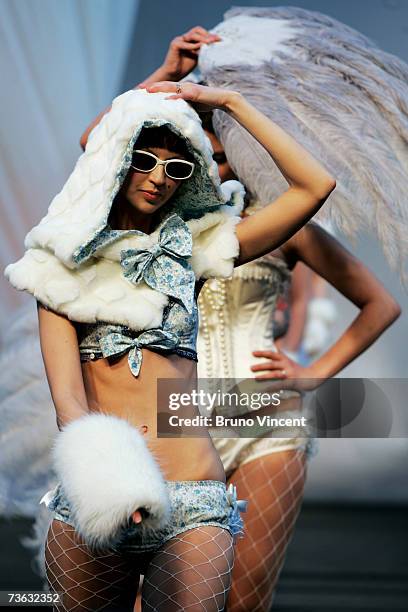 Model walks down the catwalk at Swatch Alternative Fashion Week on March 19, 2007 in London, England. The Swatch Alternative Fashion week is the...