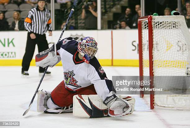 Goaltender Fredrik Norrena of the Columbus Blue Jackets makes a save on the Dallas Stars during their NHL game on March 2, 2007 at the American...