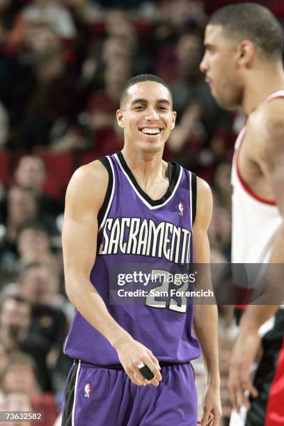 Kevin Martin of the Sacramento Kings smiles during the NBA game against the Portland Trail Blazers at the Rose Garden on March 3, 2007 in Portland,...