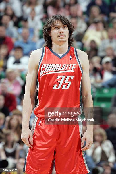 Adam Morrison of the Charlotte Bobcats looks across the court during the game against the Utah Jazz at EnergySolutions Arena on March 5, 2007 in Salt...