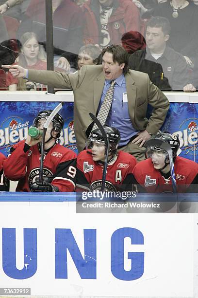 Head coach Patrick Roy of the Quebec City Remparts instructs his players during the game against Chicoutimi Sagueneens at Colisee Pepsi on March 16,...