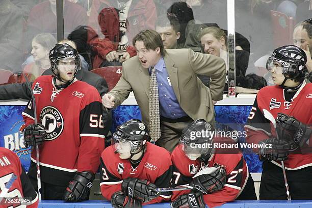 Head coach Patrick Roy of the Quebec City Remparts reacts to a call against his team during the game against Chicoutimi Sagueneens at Colisee Pepsi...
