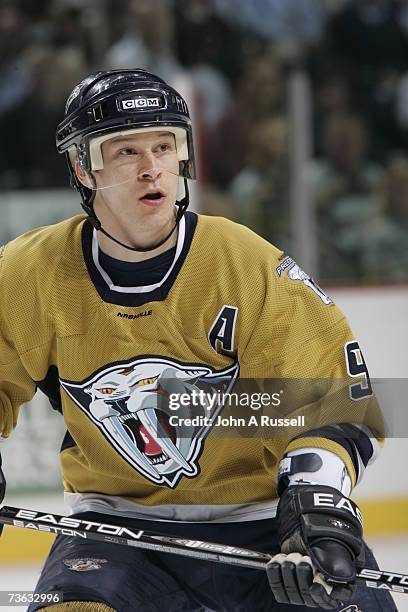 Paul Kariya of the Nashville Predators skates against the Calgary Flames at the Nashville Arena on March 8, 2007 in Nashville, Tennessee.