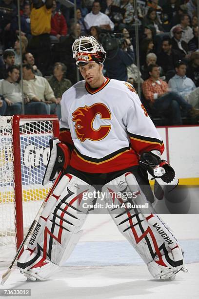 Miikka Kiprusoff of the Calgary Flames looks on against the Nashville Predators at the Nashville Arena on March 8, 2007 in Nashville, Tennessee.