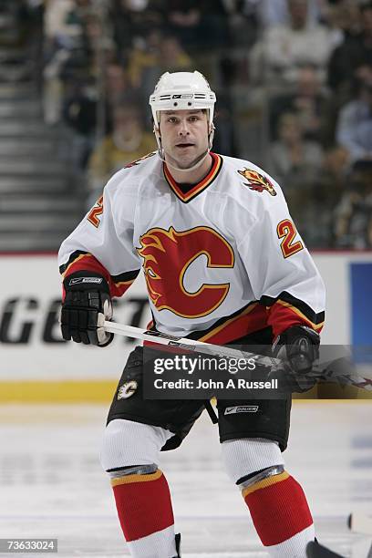 Daymond Langkow of the Calgary Flames skates against the Nashville Predators at the Nashville Arena on March 8, 2007 in Nashville, Tennessee.