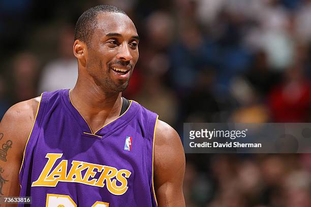 Kobe Bryant of the Los Angeles Lakers cracks a smile during the game against the Minnesota Timberwolves on March 6, 2007 at the Target Center in...
