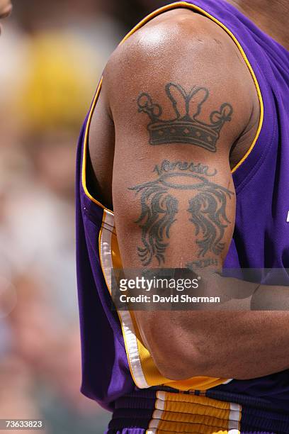 Closeup view of the tattoos on the right arm of Kobe Bryant of the Los Angeles Lakers during the game against the Minnesota Timberwolves on March 6,...
