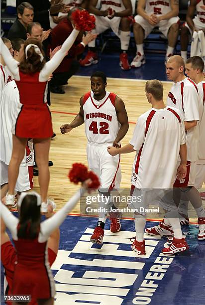 Alando Tucker of the Wisconsin Badgers takes the court during player introductions against the UNLV Runnin' Rebels during the second round of the...
