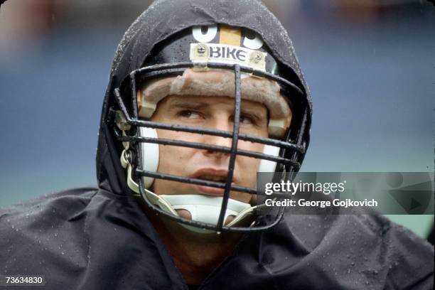 Offensive lineman Ray Pinney of the Pittsburgh Steelers on the sideline during a game against the Washington Redskins at Three Rivers Stadium on...