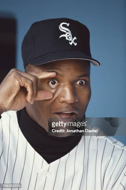 Outfielder Bo Jackson of the Chicago White Sox plays with his right eye during the Major League Baseball American League game against the New York...