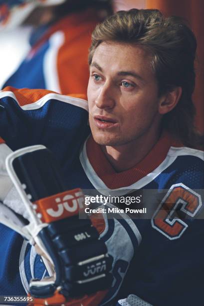 Portrait of Wayne Gretzky of the Edmonton Oilers sitting on the bench during the National Hockey League Smythe Division in the Campbell Conference...