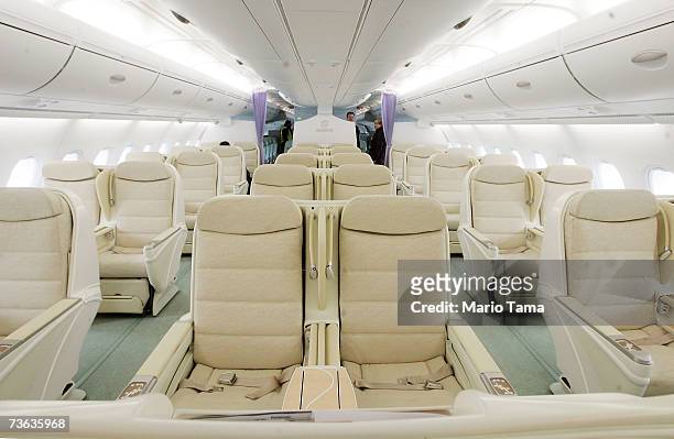 Business-class seats fo the new double-decker Lufthansa Airbus A380 are seen after it arrived at JFK International Airport following its first...