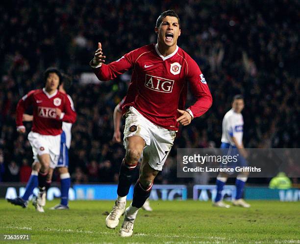Cristiano Ronaldo of Manchester United celebrates scoring from the penalty spot during the FA Cup sponsored by E.ON Quarter Final Replay match...