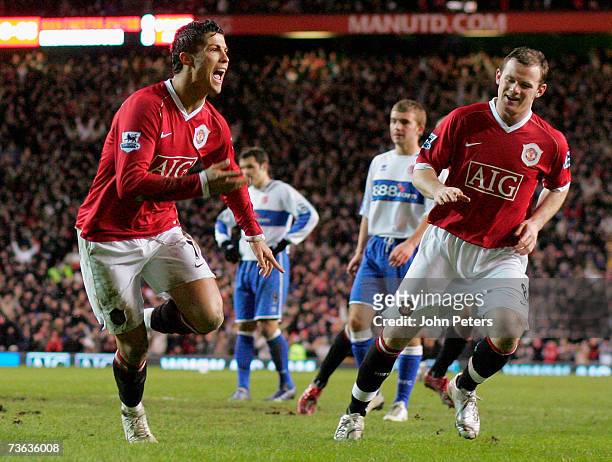 Cristiano Ronaldo of Manchester United celebrates scoring the first goal during the FA Cup Sponsored by E.ON Quarter-Final Replay match between...