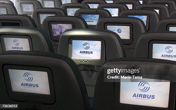 Economy seats are seen in the new Airbus A380, a double-decker plane flown by Lufthansa, after it arrived at JFK International Airport following its...