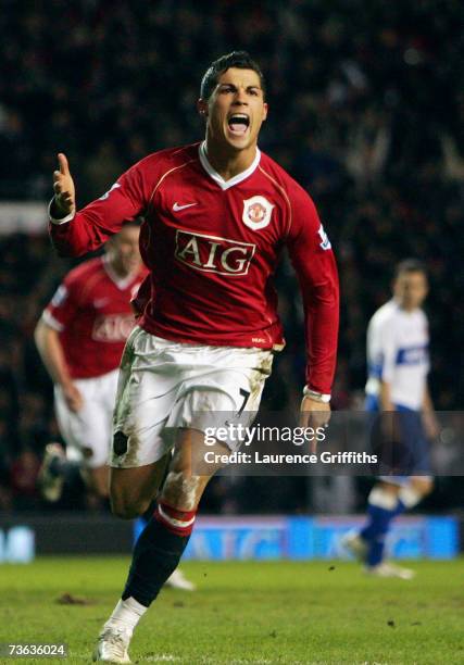 Cristiano Ronaldo of Manchester United celebrates scoring from the penalty spot during the FA Cup sponsored by E.ON Quarter Final Replay match...