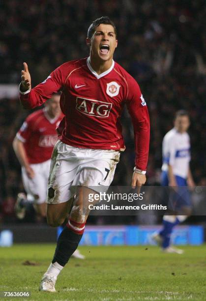 Cristiano Ronaldo of Manchester United celebrates scoring from the penalty spot during the FA Cup sponsored by E.ON Quarter Final Replay match...