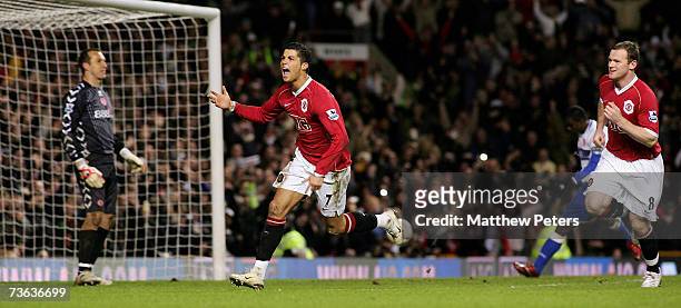 Cristiano Ronaldo of Manchester United celebrates scoring United's first goal during the FA Cup sponsored by E.ON Quarter-Final Replay match between...