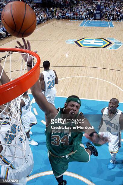 Paul Pierce of the Boston Celtics shoots the ball against Bobby Jackson of the New Orleans/Oklahoma City Hornets during a game on March 19, 2007 at...