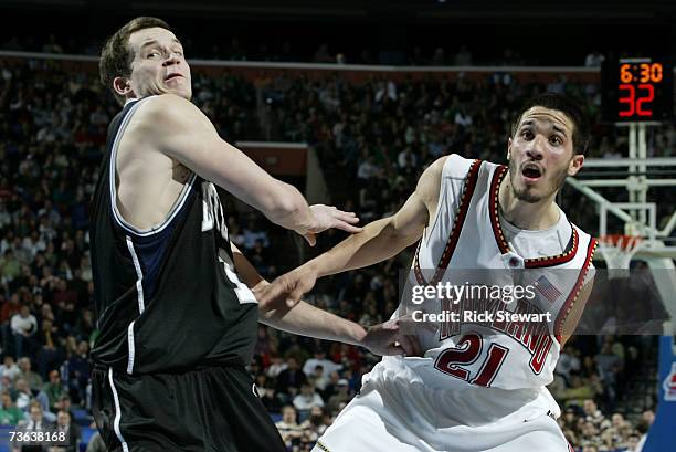 Greivis Vasquez of the Maryland Terrapin fights for position against Julian Betko of the Butler Bulldog during round two of the NCAA Men's Basketball...