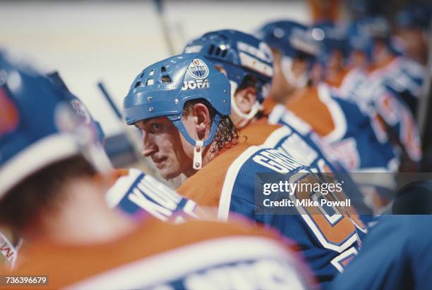 Portrait of Wayne Gretzky of the Edmonton Oilers sitting on the bench during the National Hockey League Smythe Division in the Campbell Conference...