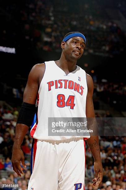 Chris Webber of the Detroit Pistons stands on the court during the NBA game against the Golden State Warriors at The Palace of Auburn Hills on March...