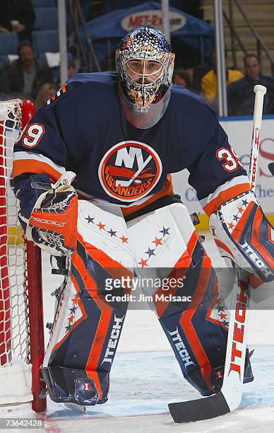 Rick DiPietro of the New York Islanders tends goal against the St. Louis Blues on March 1, 2007 at Nassau Coliseum in Uniondale, New York. The Blues...