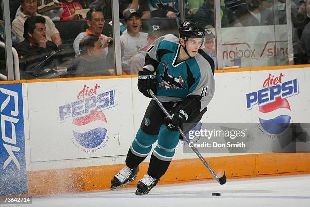 Marcel Goc of the San Jose Sharks skates with the puck during a game against the Edmonton Oilers on March 11, 2007 at the HP Pavilion in San Jose,...
