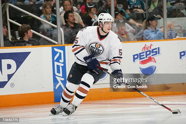 Ladislav Smid of the Edmonton Oilers skates with the puck during a game against the San Jose Sharks on March 11, 2007 at the HP Pavilion in San Jose,...