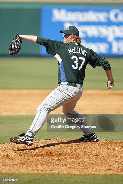 Seth McClung of the Tampa Bay Devil Rays delivers the pitch during a Spring Training game against the Pittsburgh Pirates on March 8, 2007 at...
