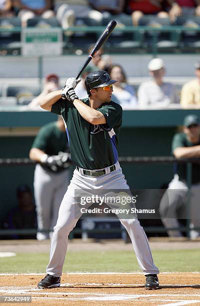 Ben Zobrist of the Tampa Bay Devil Rays stands ready at bat during a Spring Training game against the Pittsburgh Pirates on March 8, 2007 at...