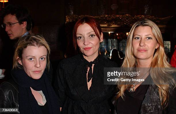 Sarah Horwich and Sara Parker-Bowles pose with Peral Lowe at the launch of the new her Spring/Summer collection at Liberty March 20, 2007 in London,...