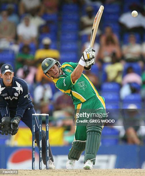 Basseterre, St Kitts, SAINT KITTS AND NEVIS: South Africa's AB de Villiers plays a drive during the ICC World Cup Group A match against Scotland on...