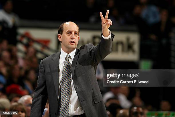 Head coach Jeff Van Gundy of the Houston Rockets signals a play during the NBA game against the Denver Nuggets at Pepsi Center on March 2, 2007 in...