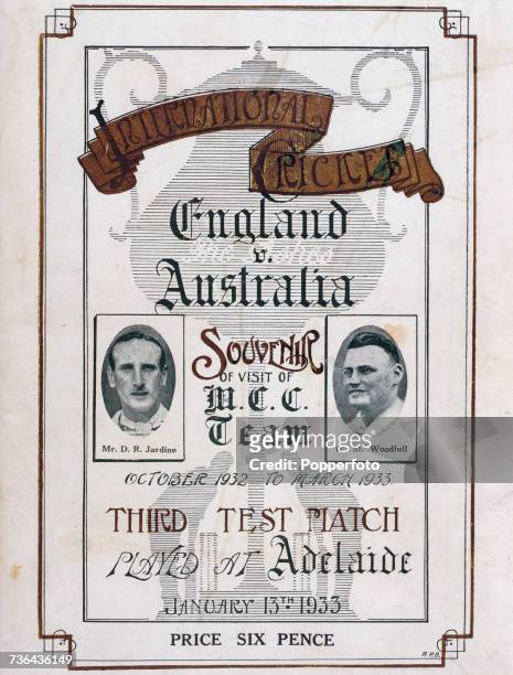 The cover of the souvenir brochure for the Third Test between Australia and the MCC touring team in Adelaide, Australia on 13th January 1933. The...