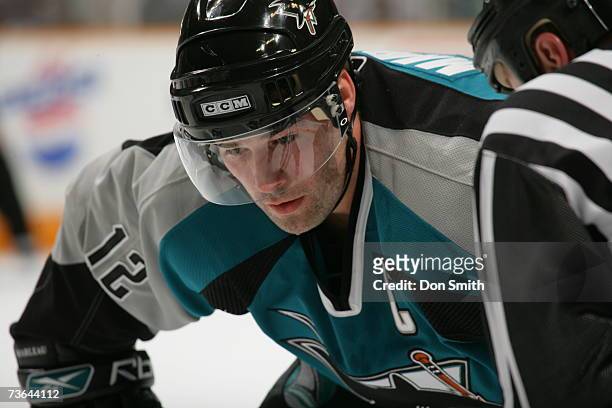 Patrick Marleau of the San Jose Sharks readies for a faceoff during a game against the Chicago Blackhawks on March 13, 2007 at the HP Pavilion in San...