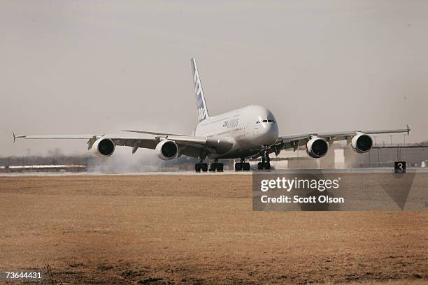 The new Airbus A380 lands at O'Hare International Airport March 20, 2007 in Chicago, Illinois. The A380 is the largest civil aircraft ever produced...