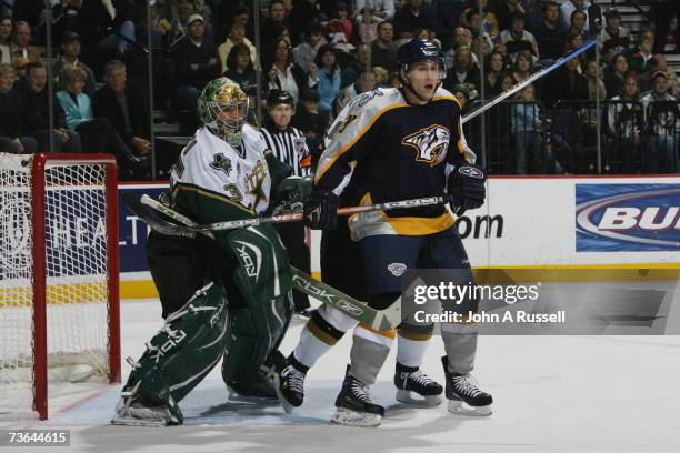 Rich Peverley of the Nashville Predators skates against Marty Turco of the Dallas Stars at Nashville Arena on March 17, 2007 in Nashville, Tennessee.