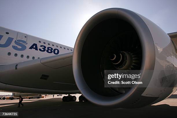 The new Airbus A380 sits on the tarmac at O'Hare International Airport March 20, 2007 in Chicago, Illinois. The A380 is the largest civil aircraft...
