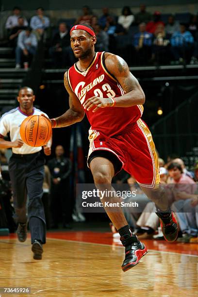 LeBron James of the Cleveland Cavaliers flies down the court against the Charlotte Bobcats on March 20, 2007 at the Charlotte Bobcats Arena in...